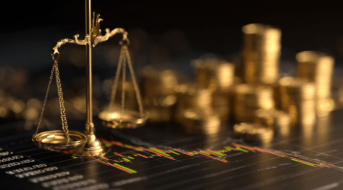 golden scales of justice for law with golden coins and financial data charts
